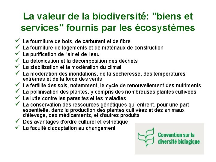 La valeur de la biodiversité: "biens et services" fournis par les écosystèmes ü ü