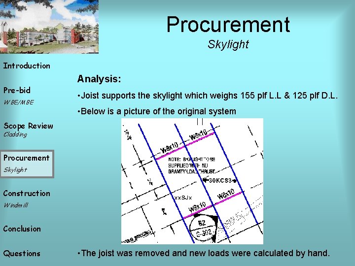 Procurement Skylight Introduction Analysis: Pre-bid WBE/MBE • Joist supports the skylight which weighs 155