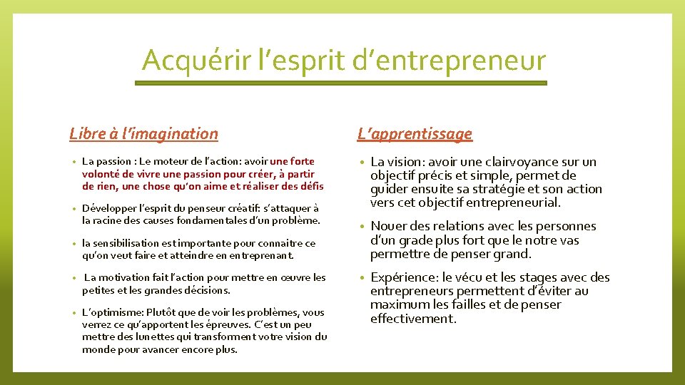 Acquérir l’esprit d’entrepreneur Libre à l’imagination • La passion : Le moteur de l’action: