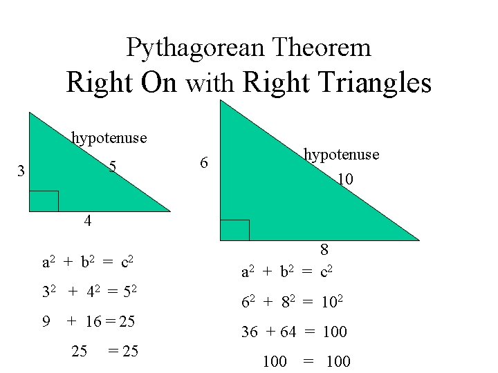Pythagorean Theorem Right On with Right Triangles hypotenuse 5 3 hypotenuse 10 6 4
