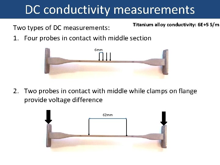 DC conductivity measurements Titanium alloy conductivity: 6 E+5 S/m Two types of DC measurements: