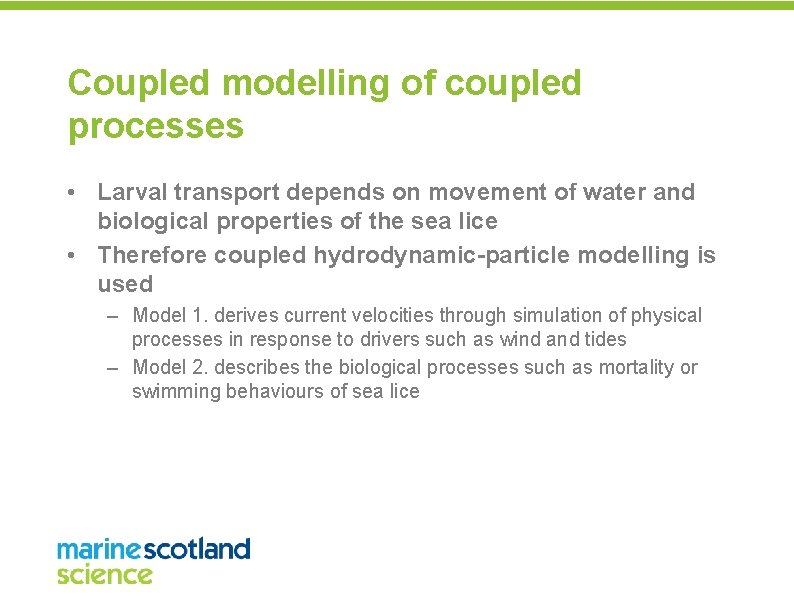 Coupled modelling of coupled processes • Larval transport depends on movement of water and