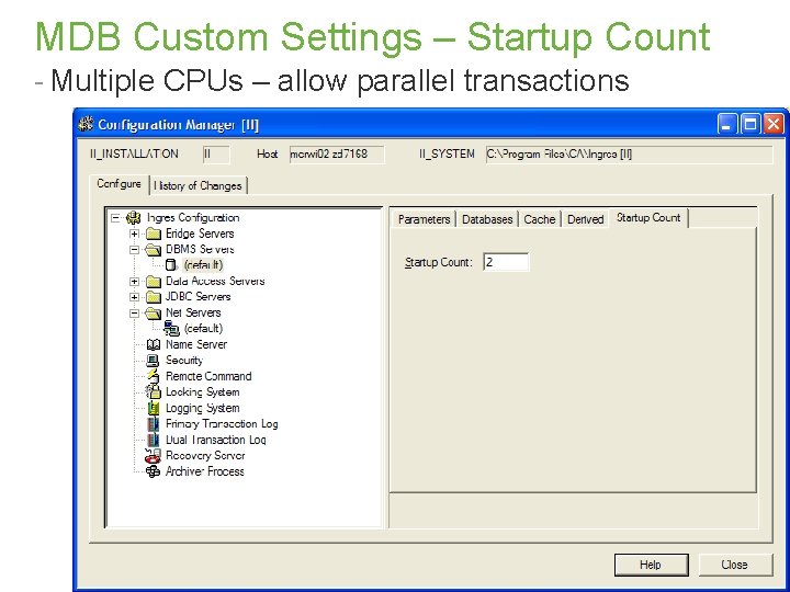 MDB Custom Settings – Startup Count - Multiple CPUs – allow parallel transactions ©