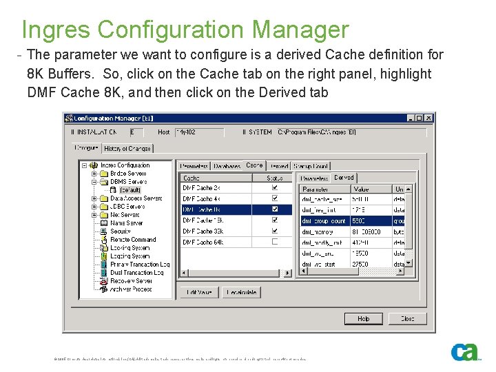 Ingres Configuration Manager - The parameter we want to configure is a derived Cache