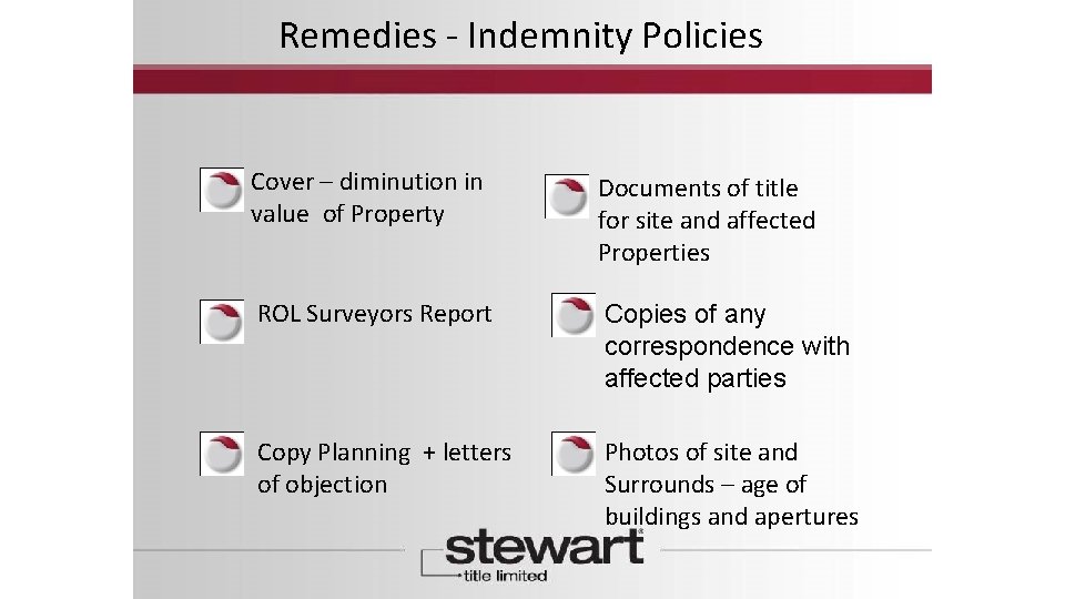 Remedies - Indemnity Policies Cover – diminution in value of Property Documents of title