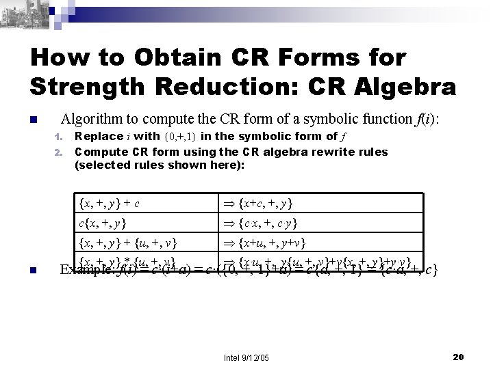 How to Obtain CR Forms for Strength Reduction: CR Algebra n Algorithm to compute