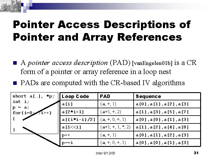 Pointer Access Descriptions of Pointer and Array References n n A pointer access description