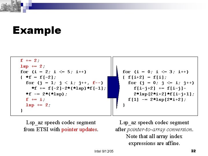 Example f += 2; lsp += 2; for (i = 2; i <= 5;
