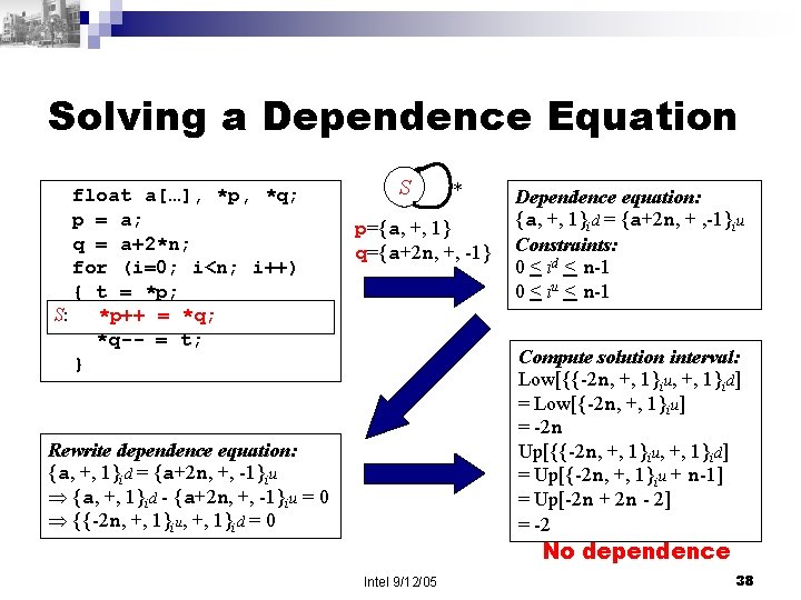 Solving a Dependence Equation float a[…], *p, *q; p = a; q = a+2*n;