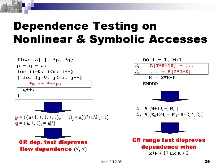 Dependence Testing on Nonlinear & Symbolic Accesses float a[…], *p, *q; p = q