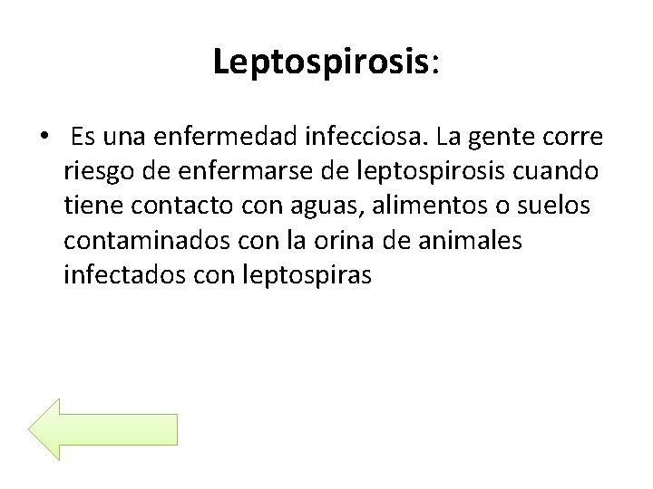 Leptospirosis: • Es una enfermedad infecciosa. La gente corre riesgo de enfermarse de leptospirosis