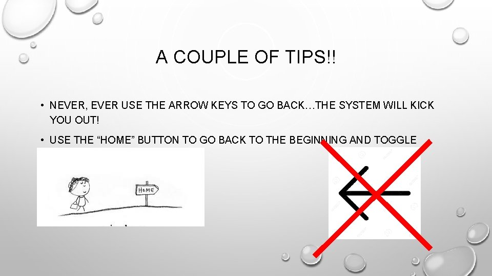 A COUPLE OF TIPS!! • NEVER, EVER USE THE ARROW KEYS TO GO BACK…THE
