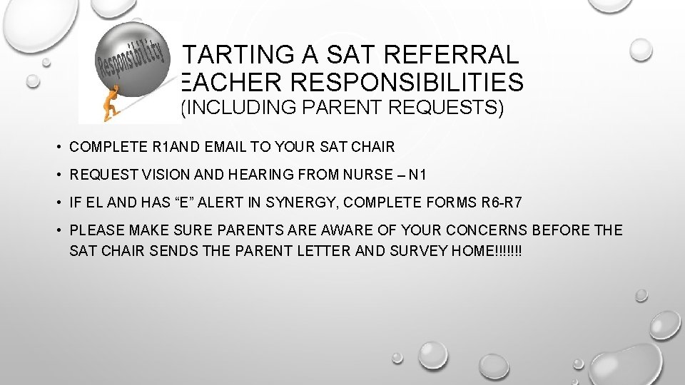 STARTING A SAT REFERRAL TEACHER RESPONSIBILITIES (INCLUDING PARENT REQUESTS) • COMPLETE R 1 AND