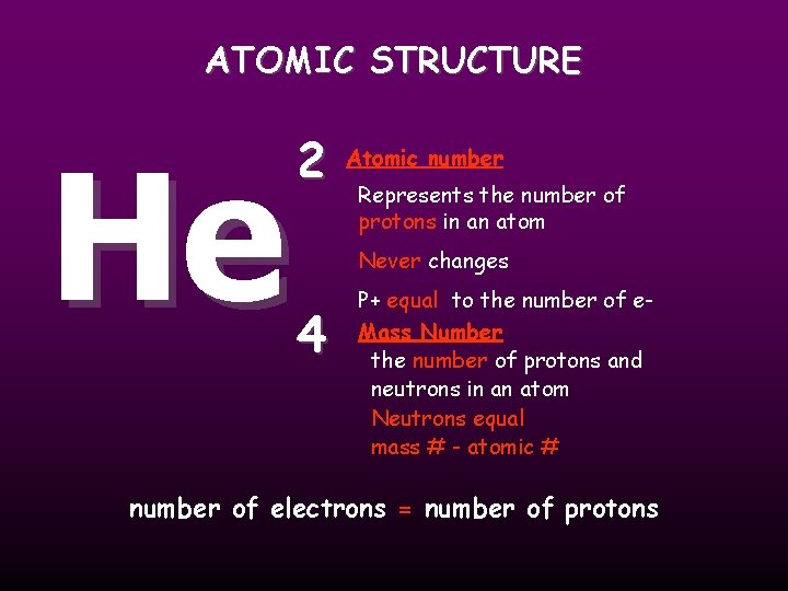ATOMIC STRUCTURE He 2 Atomic number Represents the number of protons in an atom