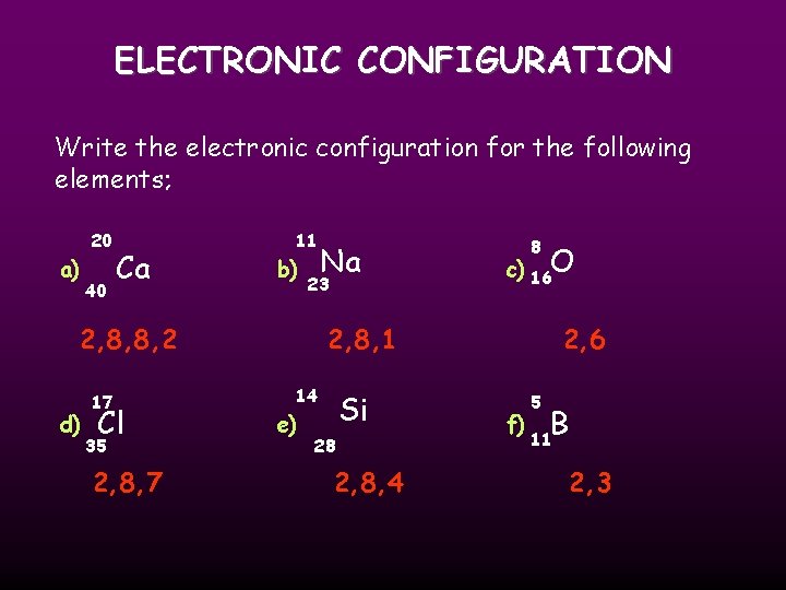 ELECTRONIC CONFIGURATION Write the electronic configuration for the following elements; a) 20 40 Ca