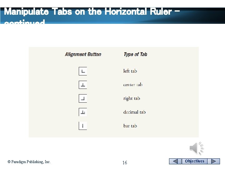 Manipulate Tabs on the Horizontal Ruler continued © Paradigm Publishing, Inc. 16 Objectives 