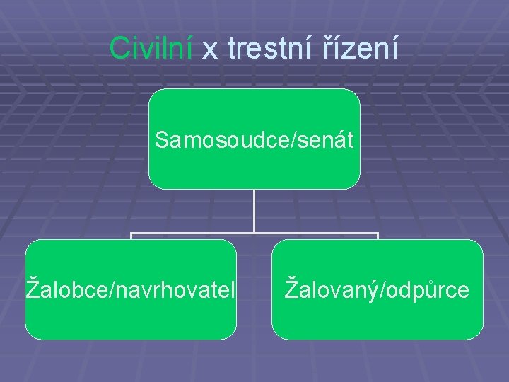 Civilní x trestní řízení Samosoudce/senát Žalobce/navrhovatel Žalovaný/odpůrce 