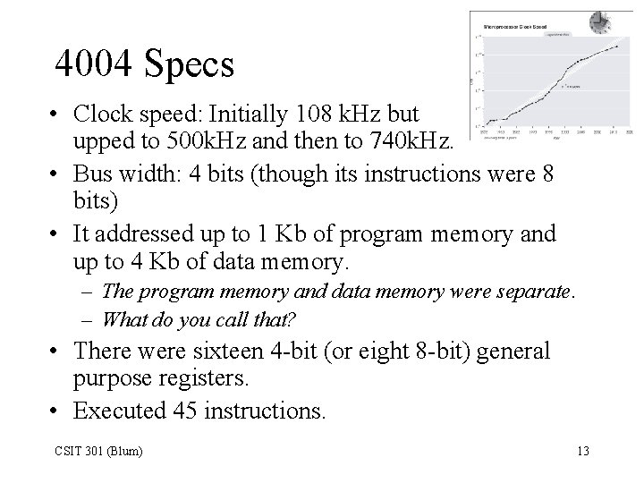 4004 Specs • Clock speed: Initially 108 k. Hz but upped to 500 k.