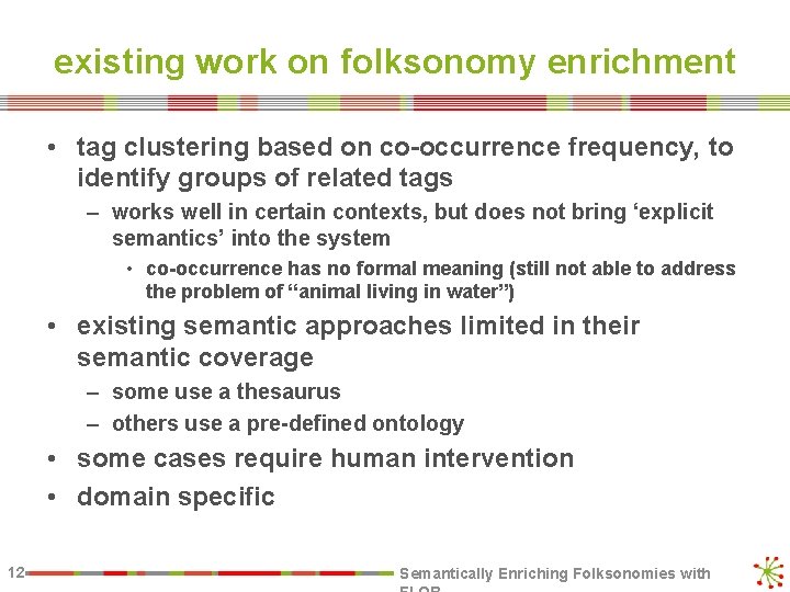 existing work on folksonomy enrichment • tag clustering based on co-occurrence frequency, to identify