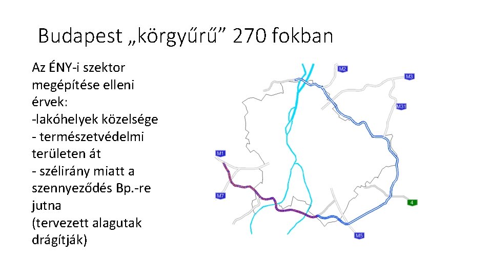 Budapest „körgyűrű” 270 fokban Az ÉNY-i szektor megépítése elleni érvek: -lakóhelyek közelsége - természetvédelmi