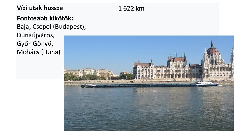 Vízi utak hossza Fontosabb kikötők: Baja, Csepel (Budapest), Dunaújváros, Győr-Gönyü, Mohács (Duna) 1 622