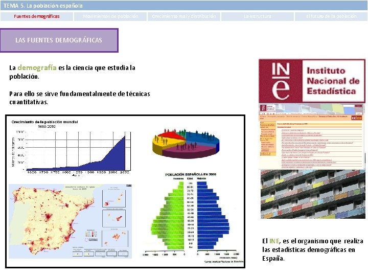 TEMA 5. La población española Fuentes demográficas Movimientos de población Crecimiento real y distribución TEMA 5. La población española Fuentes demográficas Movimientos de población Crecimiento real y distribución