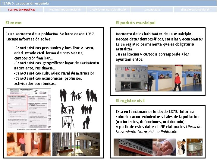 TEMA 5. La población española Fuentes demográficas Movimientos de población Crecimiento real y distribución TEMA 5. La población española Fuentes demográficas Movimientos de población Crecimiento real y distribución
