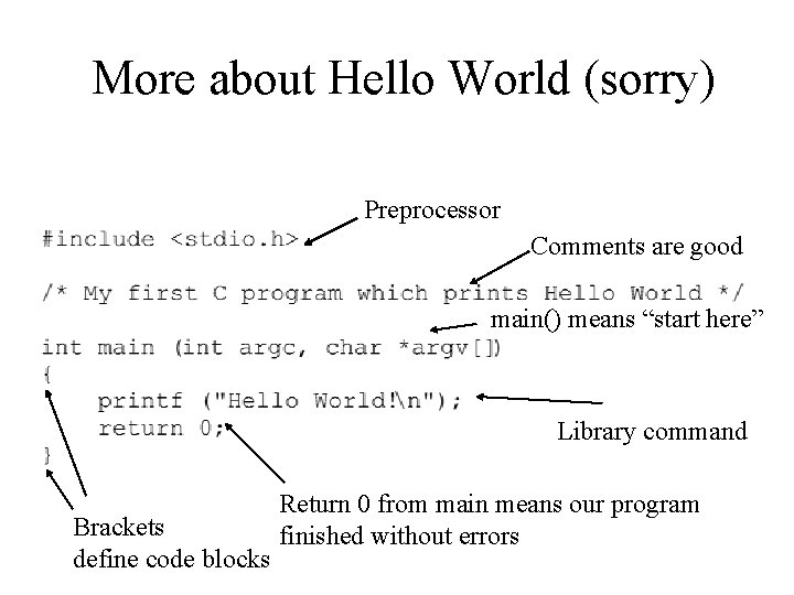 More about Hello World (sorry) Preprocessor Comments are good main() means “start here” Library More about Hello World (sorry) Preprocessor Comments are good main() means “start here” Library