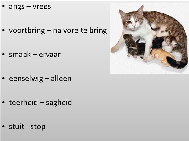  • angs – vrees • voortbring – na vore te bring • smaak