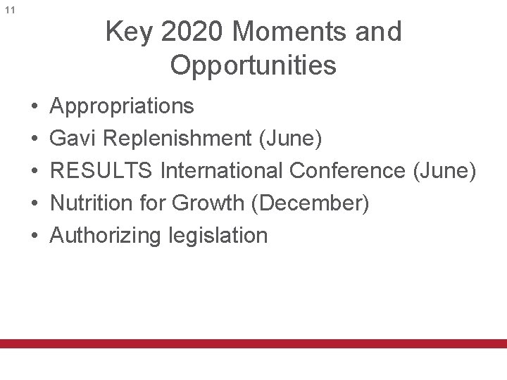 11 Key 2020 Moments and Opportunities • • • Appropriations Gavi Replenishment (June) RESULTS