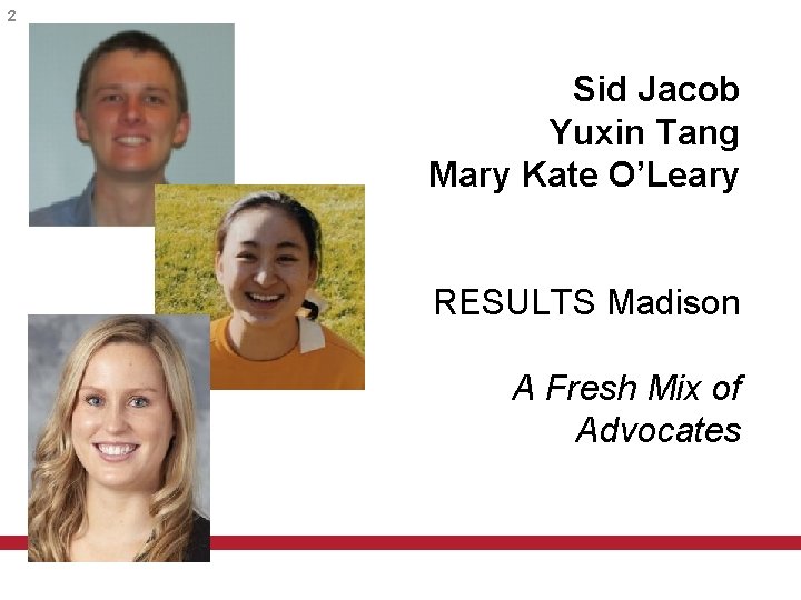 2 Sid Jacob Yuxin Tang Mary Kate O’Leary RESULTS Madison A Fresh Mix of