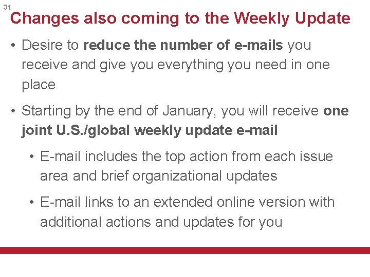 31 Changes also coming to the Weekly Update • Desire to reduce the number