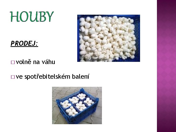 HOUBY PRODEJ: � volně � ve na váhu spotřebitelském balení 