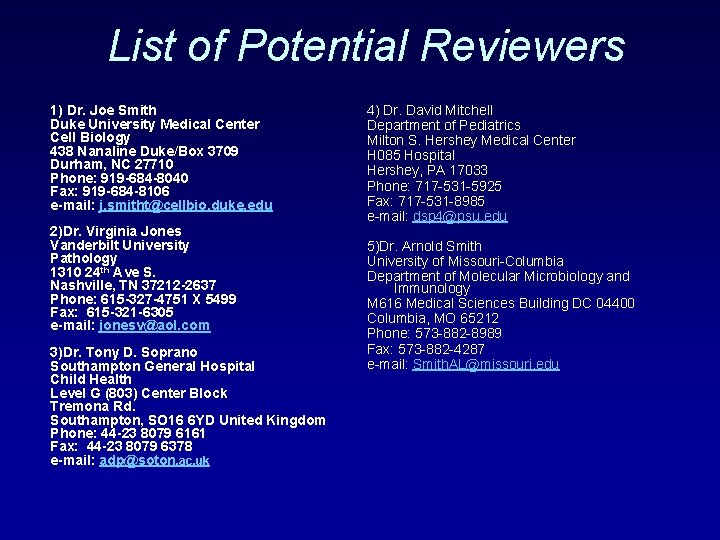 List of Potential Reviewers 1) Dr. Joe Smith Duke University Medical Center Cell Biology