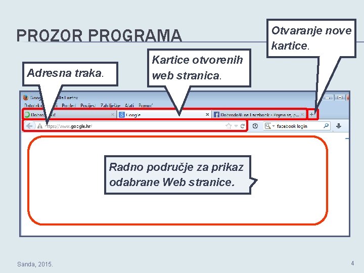 PROZOR PROGRAMA Adresna traka. Otvaranje nove kartice. Kartice otvorenih web stranica. Radno područje za