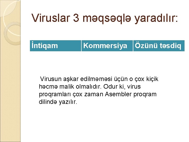 Viruslar 3 məqsəqlə yaradılır: İntiqam Kommersiya Özünü təsdiq Virusun aşkar edilməməsi üçün o çox