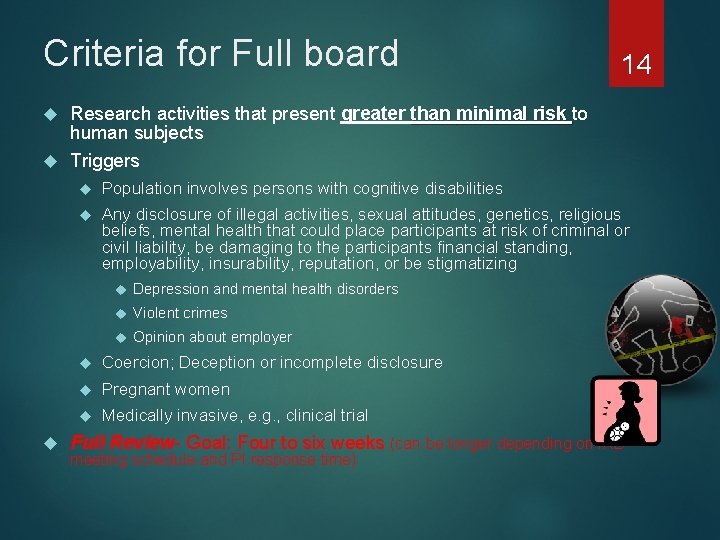 Criteria for Full board 14 Research activities that present greater than minimal risk to
