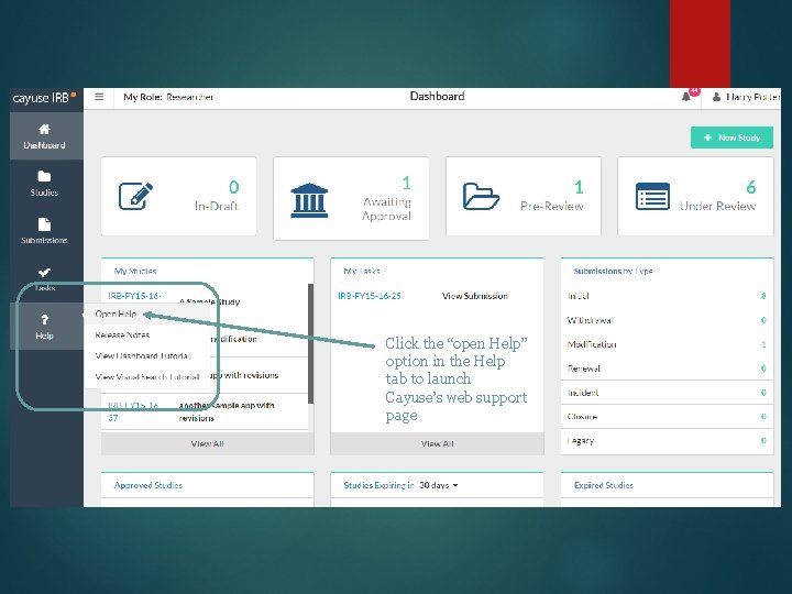 Click the “open Help” option in the Help tab to launch Cayuse’s web support