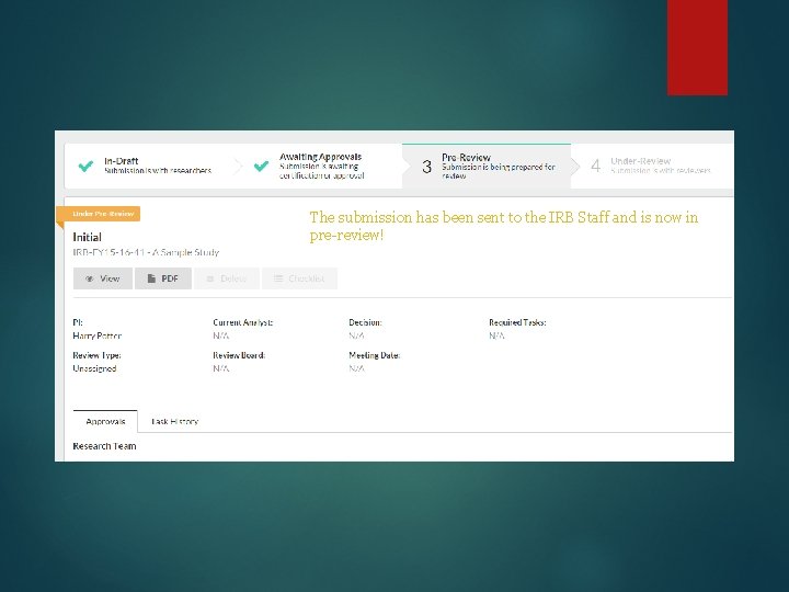 The submission has been sent to the IRB Staff and is now in pre-review!