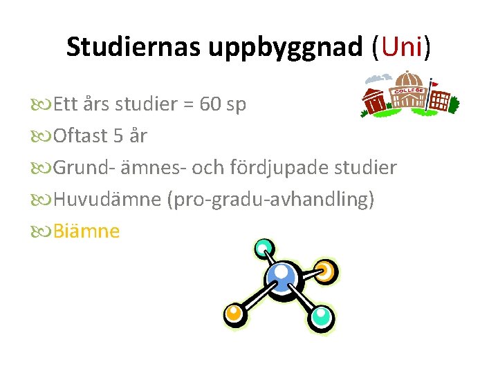 Studiernas uppbyggnad (Uni) Ett års studier = 60 sp Oftast 5 år Grund- ämnes-