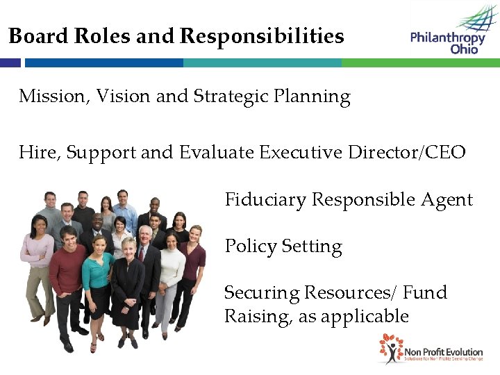 Board Roles and Responsibilities Mission, Vision and Strategic Planning Hire, Support and Evaluate Executive