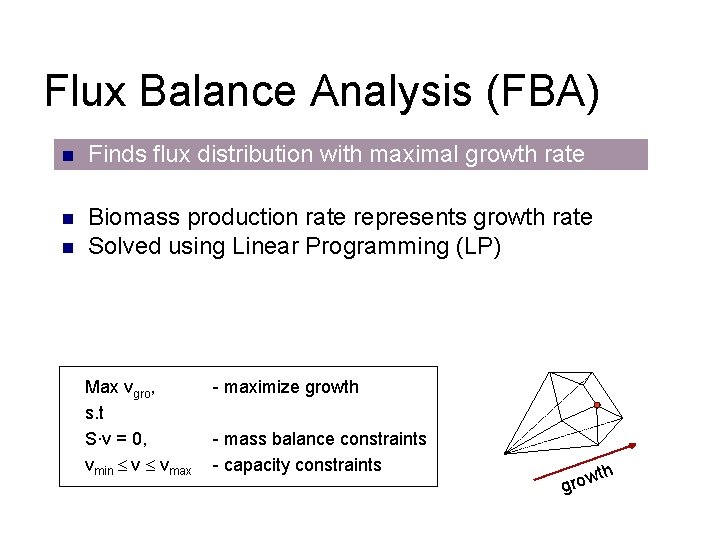 Flux Balance Analysis (FBA) n Finds flux distribution with maximal growth rate n Biomass