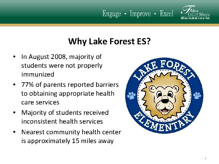 Why Lake Forest ES? • In August 2008, majority of students were not properly