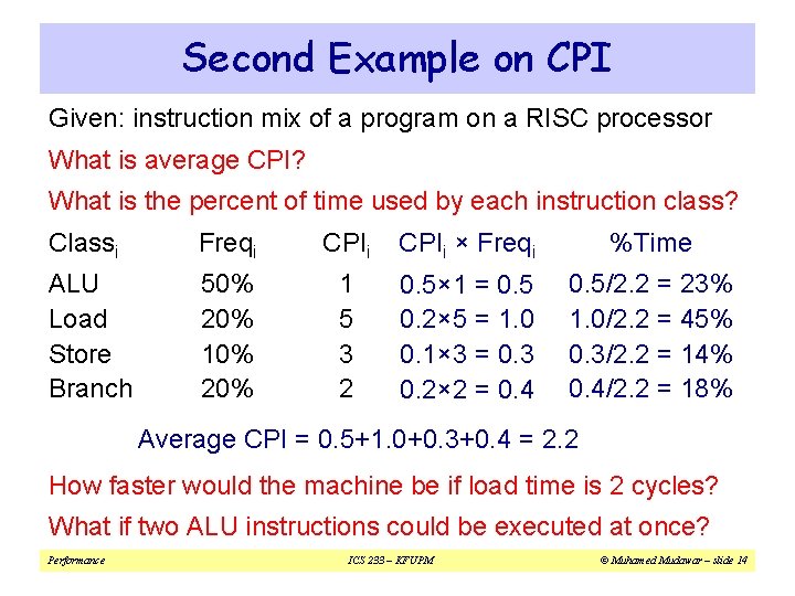 Second Example on CPI Given: instruction mix of a program on a RISC processor Second Example on CPI Given: instruction mix of a program on a RISC processor