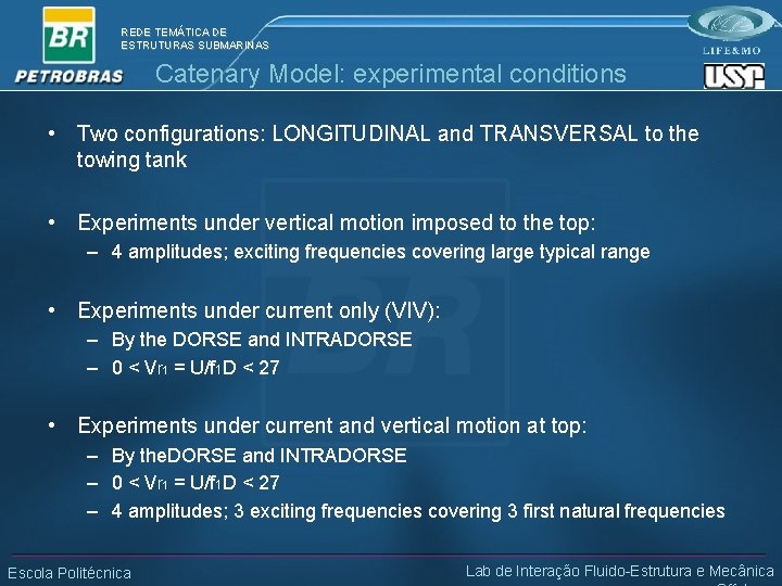 REDE TEMÁTICA DE ESTRUTURAS SUBMARINAS Catenary Model: experimental conditions • Two configurations: LONGITUDINAL and