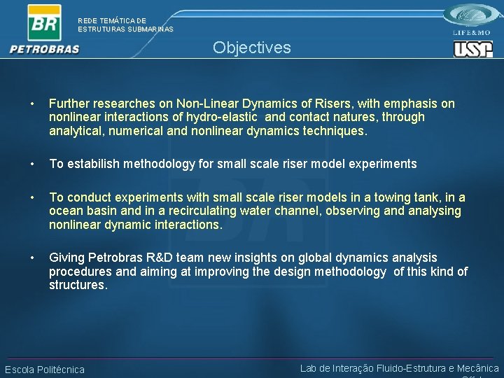 REDE TEMÁTICA DE ESTRUTURAS SUBMARINAS Objectives • Further researches on Non-Linear Dynamics of Risers,