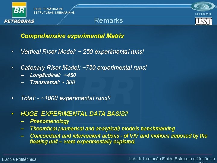 REDE TEMÁTICA DE ESTRUTURAS SUBMARINAS Remarks Comprehensive experimental Matrix • Vertical Riser Model: ~