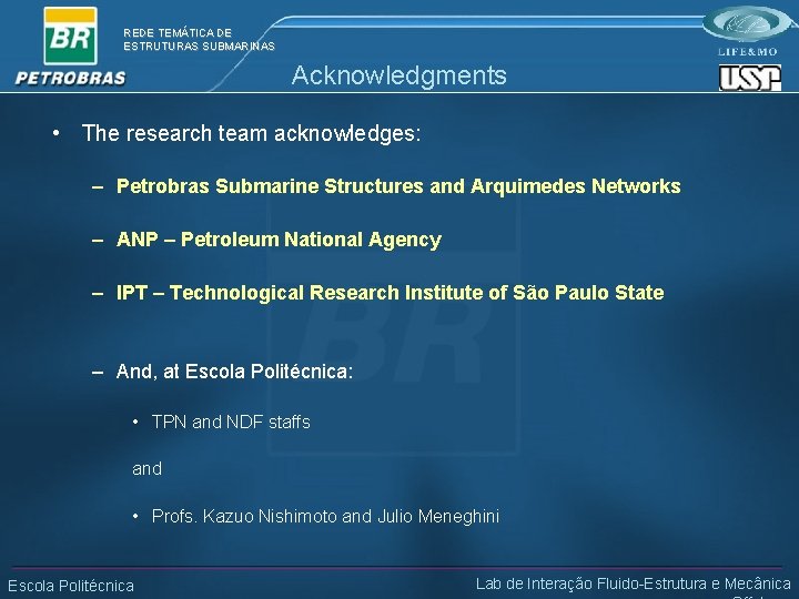 REDE TEMÁTICA DE ESTRUTURAS SUBMARINAS Acknowledgments • The research team acknowledges: – Petrobras Submarine