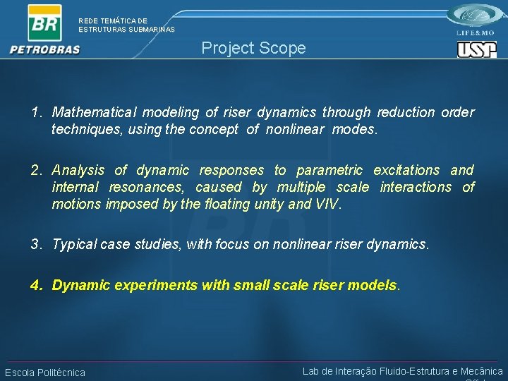 REDE TEMÁTICA DE ESTRUTURAS SUBMARINAS Project Scope 1. Mathematical modeling of riser dynamics through