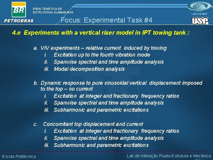 REDE TEMÁTICA DE ESTRUTURAS SUBMARINAS Focus: Experimental Task #4 4. e Experiments with a